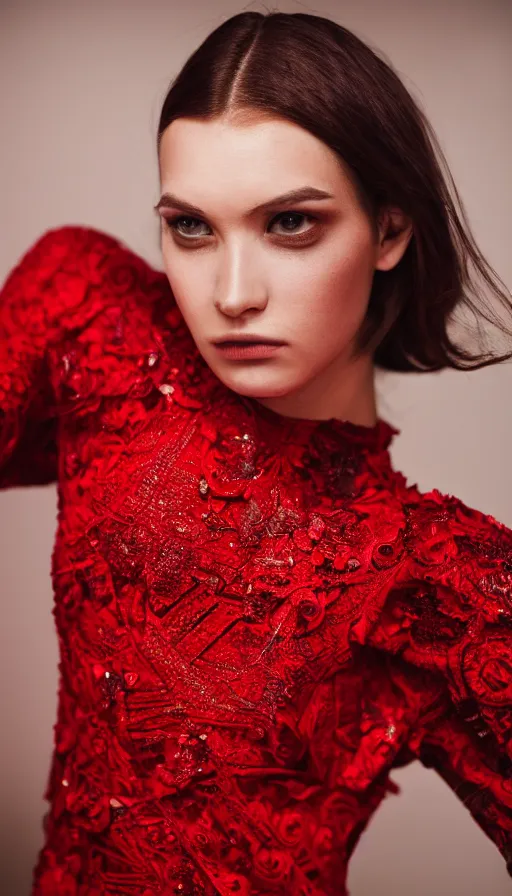 Image similar to fashion model wearing red dress, zara, insane, intricate, highly detailled, sharp focus 8k