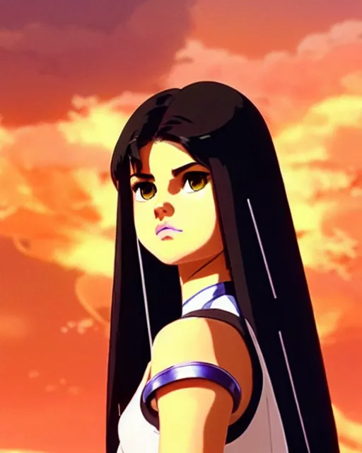 Prompt: selena gomez as an azctec warrior, detailed perfect face, exquisite details, fire magic, mid view, design on a white background, by studio muti, greg rutkowski makoto shinkai takashi takeuchi studio ghibli