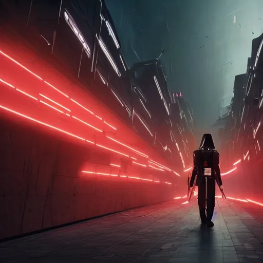 Prompt: photo of Darth Revan walking in a futuristic city in a dystopian future made of electronic components and looks like a giant pcb board. Very detailed 8k. Unreal engine 5 render with nanite, global illumination and path tracing. Cinematic post processing. Emphasize on the colors black and red.