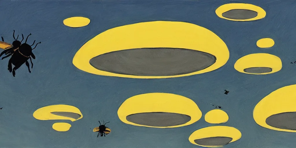 Prompt: a ufo stealing cows, painting big bees flying around, alex katz style