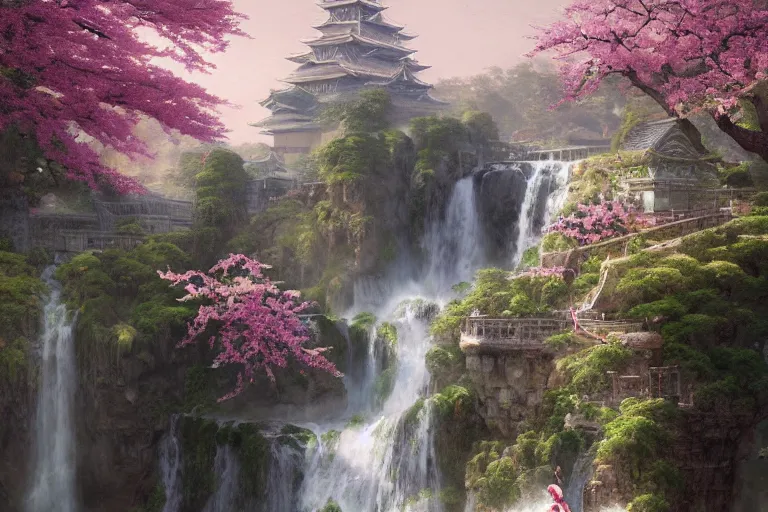 Prompt: a beautiful picture of sakura in full bloom, palace, a giant monk meditate against waterfall, by greg rutkowski and thomas kinkade, trending on artstation