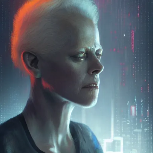 Image similar to sigourney weaver as molly millions, neuromancer, a young beautiful woman, mirror eye implants, cyberpunk, high detail, dramatic light, digital art, dark, promotional art painted by seb mckinnon and greg rutkowski, trending on artstation