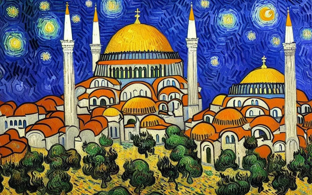 Prompt: detailed expressionist oil painting by van gogh of the hagia sophia church of constantinople, beautiful byzantine architecture, landscape painting, expressionism, 8 k resolution, smooth, sharp focus, matte painting