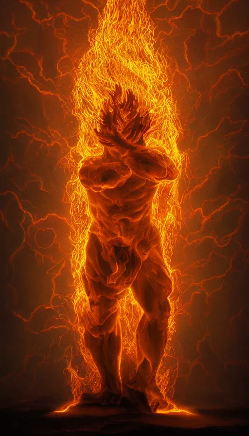 Image similar to a surreal painting of a god made of golden fire, volumetric lighting