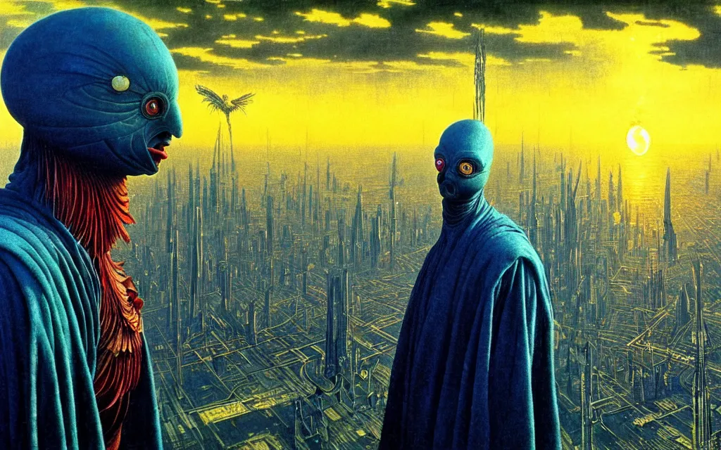 Image similar to realistic detailed portrait movie shot of a birdman wearing dark ragged robes, futuristic city sunset landscape background by denis villeneuve, amano, yves tanguy, alphonse mucha, ernst haeckel, max ernst, roger dean, rich moody colours, blue eyes