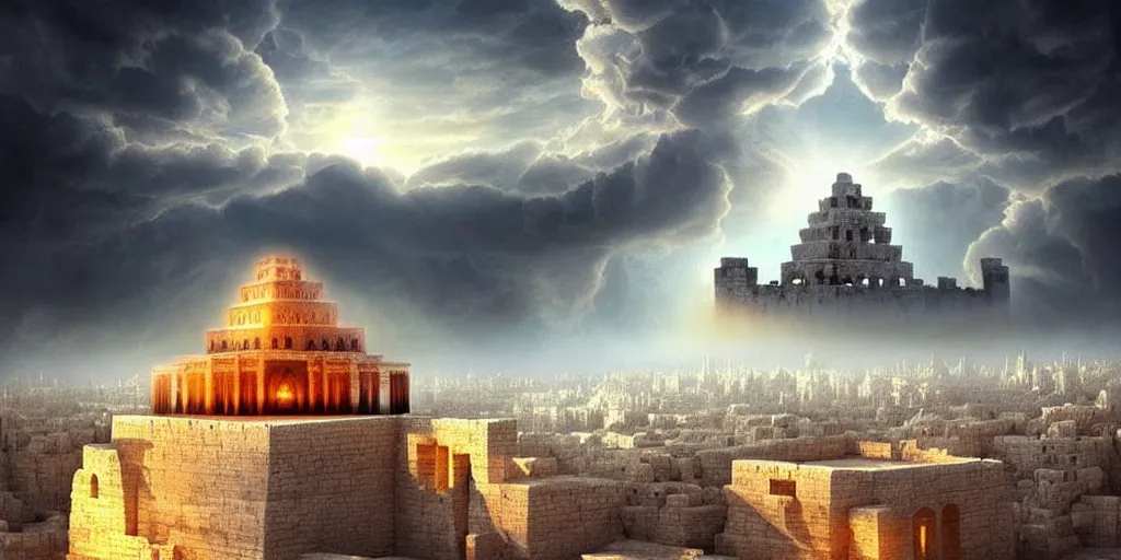 Prompt: hidden imagery floating temple in the sky incredible digital art optical illusion, superb detailed clouds shaped like the second temple in jerusalem, over the ruins of old jerusalem, awe inspiring, masterpiece surrealism, digital art trending on artstation awesome award winning