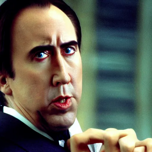 Image similar to nicholas cage as neo from matrix, dodging bullets