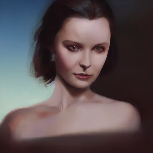 Image similar to closeup portrait of a young vivian leigh, crying, chiaroscuro, city background, night, moon, dramatic lighting, complementary contrast, high detail, painted by greg rutkowski, painted by igor kieryluk, trending on artstation