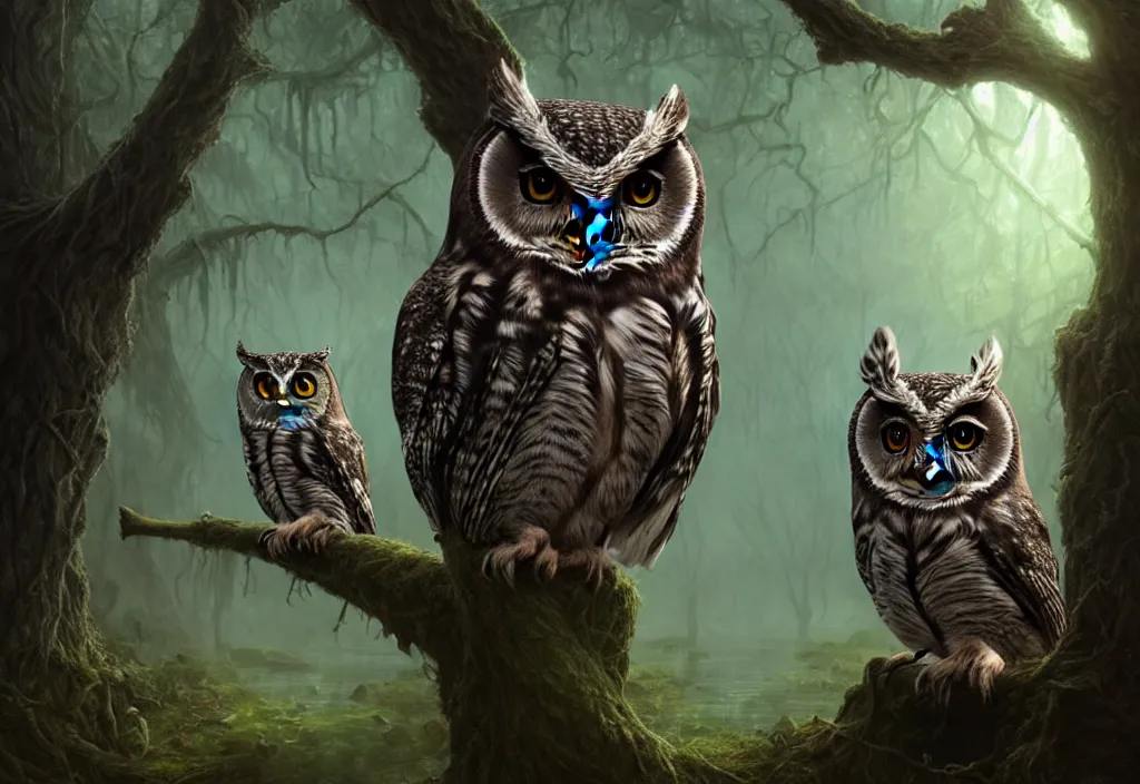 Image similar to mystic owl in haunted swamp, highly detailed, d & d, fantasy, highly detailed, digital painting, trending on artstation, concept art, sharp focus, illustration, global illumination, ray tracing, realistic shaded, art by artgerm and greg rutkowski and fuji choko and viktoria gavrilenko and hoang lap
