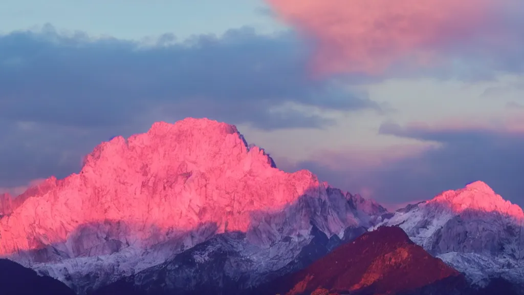 Prompt: Beautiful lush mountains under the pink clouds backlit by the sun