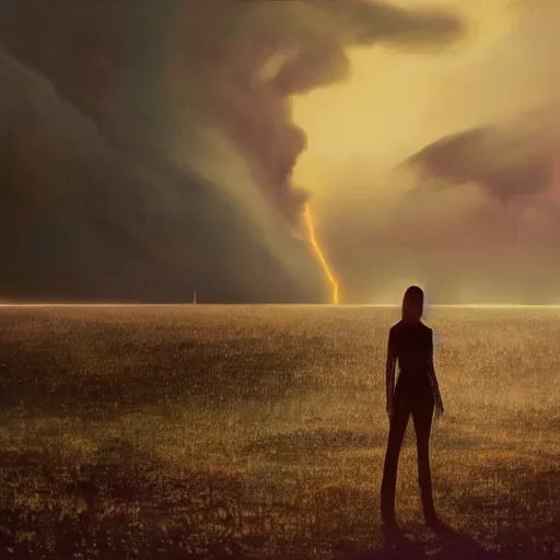 Image similar to silhouette of Elle Fanning in a field in the world of Adam Wyeth, a tornado spins in the background, stormy weather, extremely detailed masterpiece, oil on canvas, low-key neon lighting, artstation, Blade Runner 2049, Roger Deakin’s cinematography, by J. C. Leyendecker and Peter Paul Rubens,