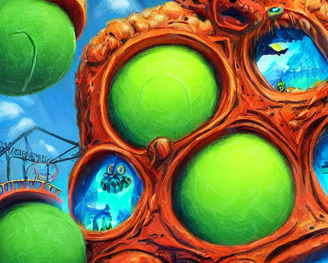 Image similar to tennis ball monsters, theme park, roller coaster, digital art, fantasy, magic, chalk, chalked, trending on artstation, ultra detailed, detailed, fine details, professional illustration by basil gogos