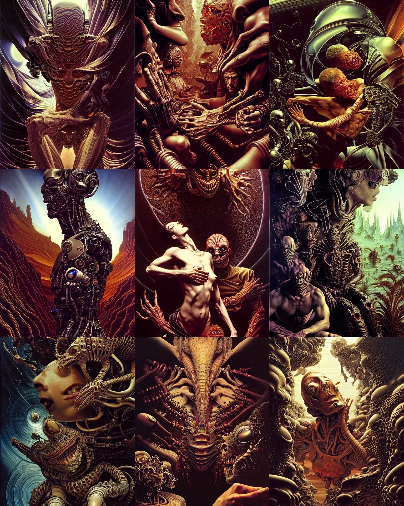 Prompt: a dmt trip, ultra realistic, cinematic, cinematic, wide angle, intricate details, cyborg, highly detailed by caravaggio, aaron horkey, boris vallejo, wayne barlowe, craig mullins, roberto ferri