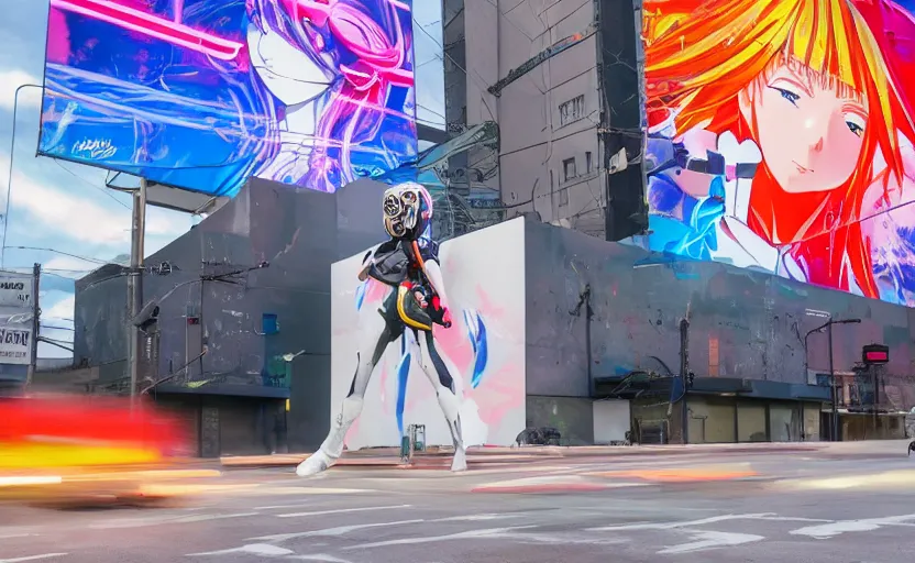 Image similar to billboard advertisement with an extremely beautiful photo of a white marble statue of an anime girl with colorful motocross logos and motorcycle helmet with closed visor, colorful smoke in the background, carved marble statue, fine art, neon genesis evangelion, virgil abloh, offwhite, denoise, highly detailed, 8 k, hyperreal