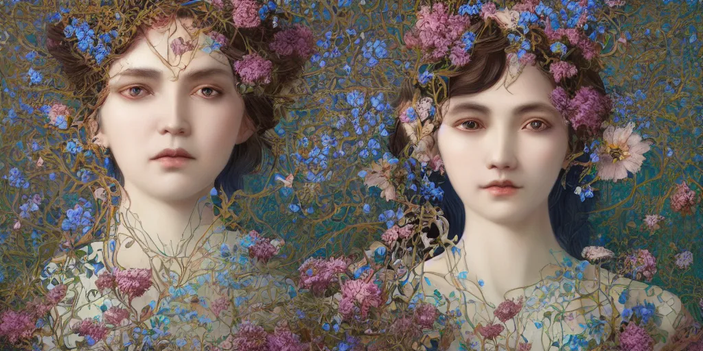 Image similar to breathtaking detailed concept art painting portrait of the goddess of nemophila flowers, orthodox saint, with anxious piercing eyes, ornate background, amalgamation of leaves and flowers, by hsiao - ron cheng, extremely moody lighting, 8 k