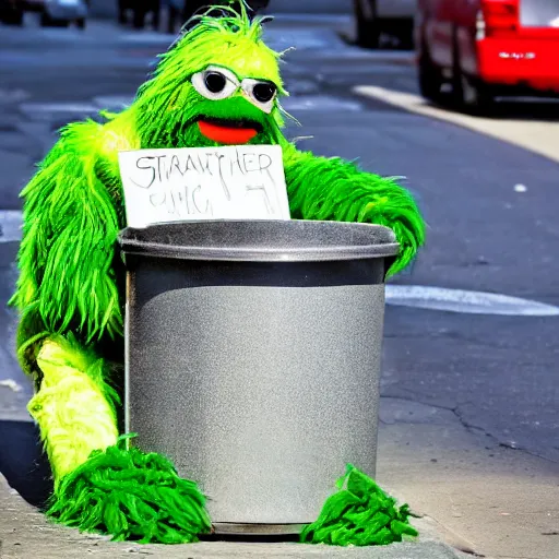 Prompt: Homeless Oscar the Grouch on Skid Row