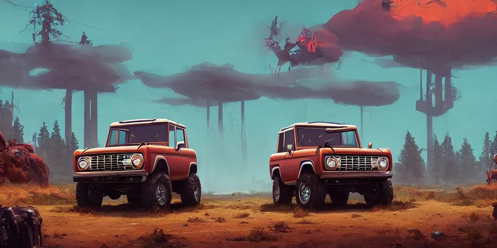 Image similar to ford bronco, an epic fantasy, dramatic lighting, cinematic, establishing shot, extremely high detail, photorealistic, cinematic lighting, artstation, by simon stalenhag, horizon forbidden west