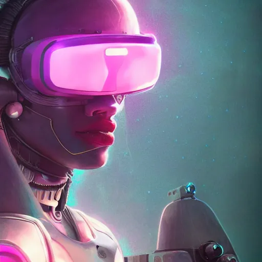 Image similar to cyberpunk concept cool warrior girl bot, cinema 4 d, galaxy, ufo, space sci - fi, wearing vr goggles, illustration, portrait, pastel neon textured background night, trending on artstation, greg rutkowski, octane rendered, 1 2 k, detailed,