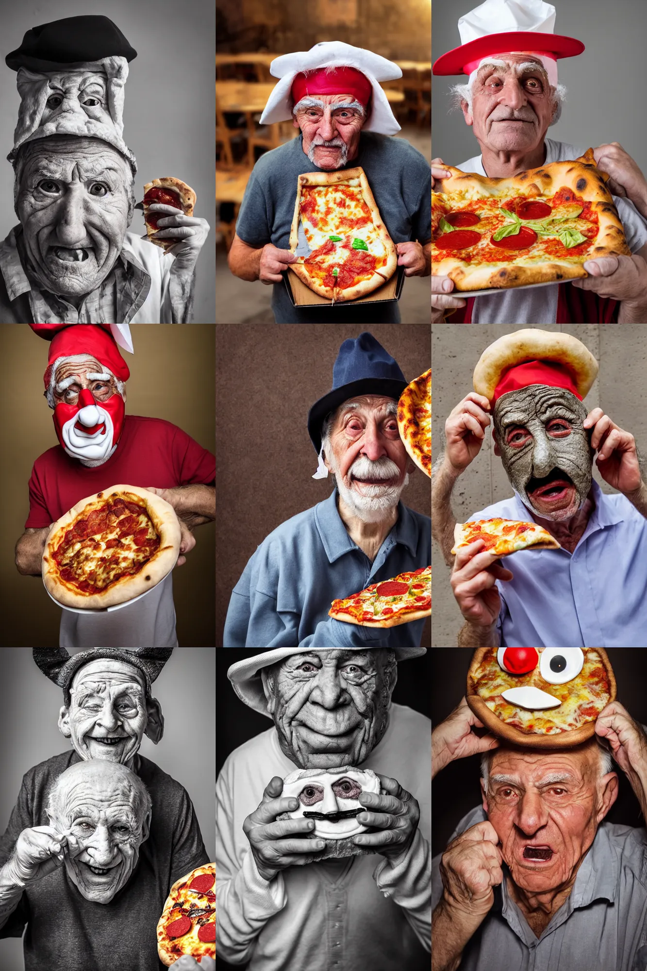 Prompt: close - up portrait of a wrinkled old man wearing a pulcinella mask holding up a pizza!! to behold, clear eyes looking into camera, baggy clothing and hat, masterpiece photo by manny librodo