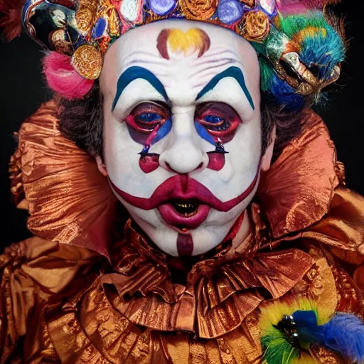 Prompt: UHD hyperrealistic impressive photo of Paulie Shore, dressed as an emperor, wearing bizarre clown makeup, correct face, accurate face, intricate clown makeup, ornate attire, regal clown face, by Ayami Kojima, Amano, Karol Bak, Greg Hildebrandt, and Mark Brooks, by Antonio Caparo and Ferdinand Knab and Greg Rutkowski UHD photorealistic trending on artstation