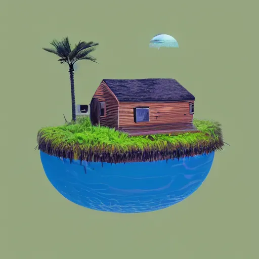 Image similar to a picture of a floating island with a house on it, an album cover by Justin Currie, polycount, plasticien, made of plastic, concert poster, made of trash