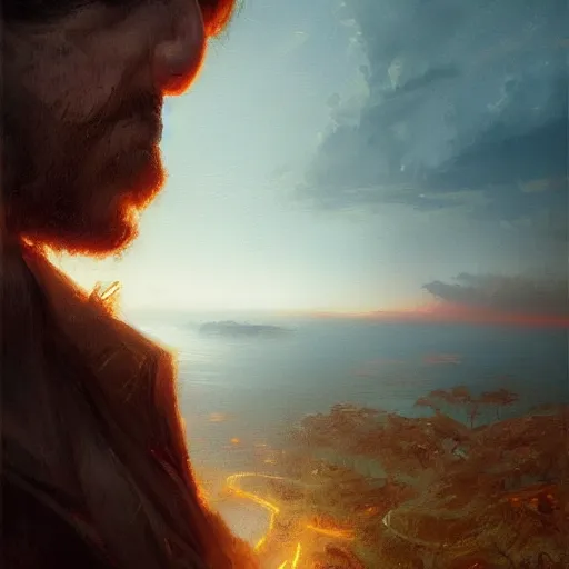 Image similar to portrait of 3 0 year old don van vliet, sunset, gorgeous view, depth, painted by seb mckinnon, high detail, digital art, painted by greg rutkowski, trending on artstation