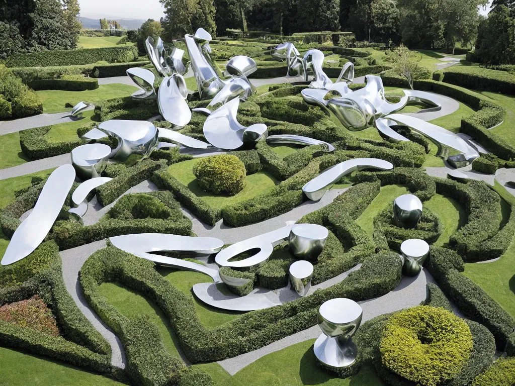 Image similar to giant Italian modern castle formal garden with a modern stainless steel organic shaped modern sculptures with mirror finish by Tony Cragg, photo by Annie Leibovitz