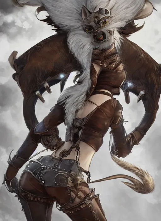 Image similar to wide angle beautiful full body portrait of a strong female anthropomorphic anthro lynx fursona wearing a steampunk leather pants. from behind, paw pads, character design by disney, anime, manga, charlie bowater, ross tran, artgerm, and makoto shinkai, detailed, soft lighting, rendered in octane, white fur, white lynx face