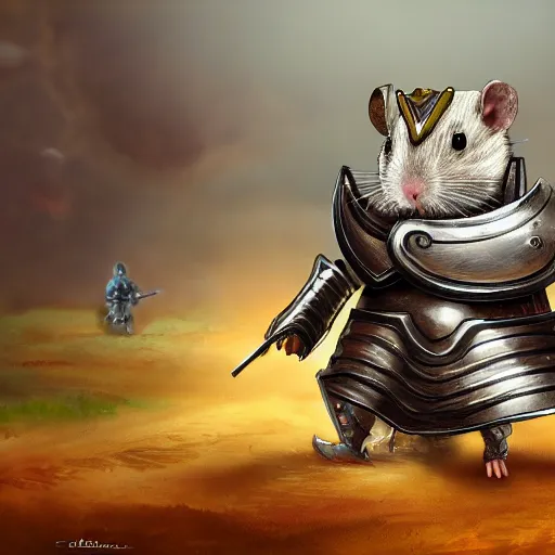 Prompt: a hamster wearing a full knight armor and looking shocked across a battlefield. digital art. 4 k