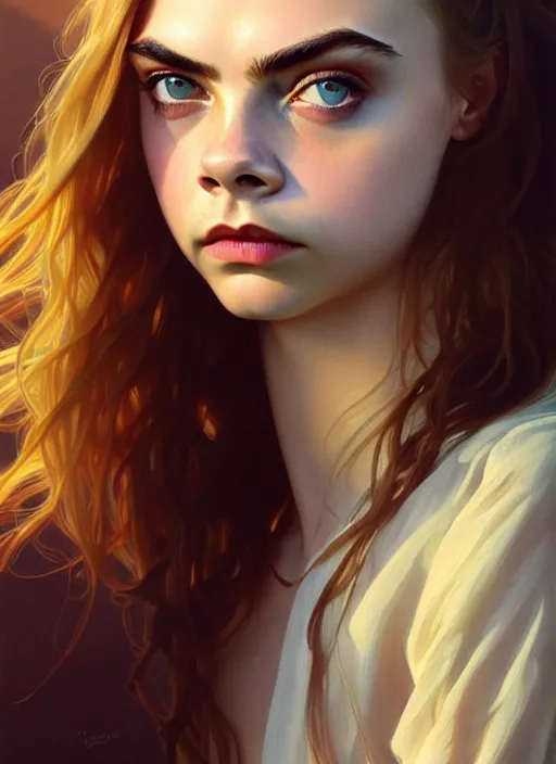 Image similar to half cara delevingne half Anya Taylor-Joy a pure gorgeous seductive angel, full body portrait, slight smile, diffuse natural sun lights, autumn lights, highly detailed, digital painting, artstation, concept art, sharp focus, illustration, art by wlop and greg rutkowski and alphonse mucha and artgerm