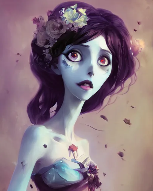 Image similar to still film, elegant mysterious gracious undead victoria everglot from the corpse bride if made by krenz cushart and wenjun lin, portrait, illustration, rim light, top light, summer clear blue sky, perfectly shaded, soft painting, epic, intricate, art