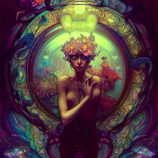 Image similar to An extremely psychedelic experience, surreal, dramatic lighting, magic mushrooms, psilocybin, LSD, face, detailed, intricate, elegant, highly detailed, digital painting, artstation, concept art, smooth, sharp focus, illustration, art by Krenz Cushart and Artem Demura and alphonse mucha