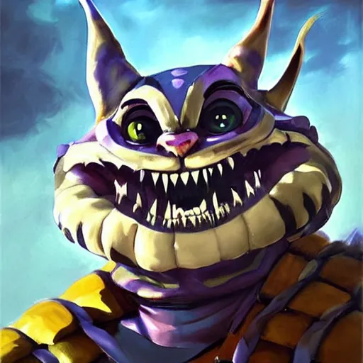 Image similar to greg manchess portrait painting of partially armored cheshire cat from alice in wonderland as overwatch character, medium shot, asymmetrical, profile picture, organic painting, sunny day, matte painting, bold shapes, hard edges, street art, trending on artstation, by huang guangjian, gil elvgren, ruan jia, randy vargas, greg rutkowski