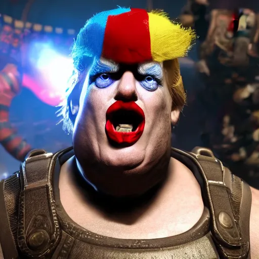 Image similar to donald trump as a clown in gears of war, splash art, movie still, cinematic lighting, ray tracing, detailed face, octane render, long lens, shallow depth of field, bokeh, anamorphic lens flare, 8 k, hyper detailed, 3 5 mm film grain