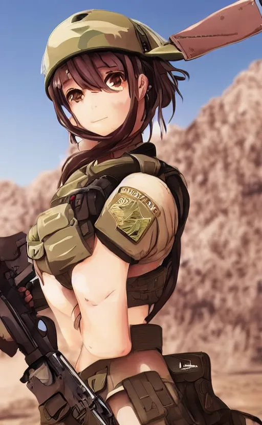 Image similar to portrait of a female soldier, highly detailed, high resolution, desert in the background, anime style, stunning, girls frontline style, bokeh soft, 3d rendering, guilty gear strive graphics, 100mm, trending on instagram, by professional photographer, realistic human anatomy, realistic military carrier, modern warfare, realistic weapon, shot with a arriflex 35 ii, low saturation, small eyes