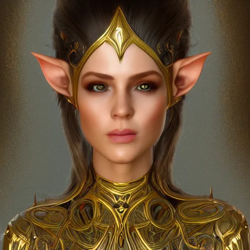 Image similar to portrait of an elven princess dressed in golden clothes, digital art, highly detailed, award winning, concept art, intricate, sharp focus, Trending on Artstation HQ, unreal engine 5, 4K UHD image