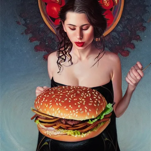 Image similar to detailed full body concept art illustration oil painting of Lana Rhoades eating hamburgers, extra ketchup, bacon lettuce and tomatos, oriental art nouveau, frock, mid body, radiant halo of light, black gold smoke ink, woman covered in sliced tomatos and onions, peter mohrbacher, artgerm