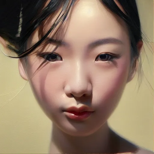 Image similar to perfect, realistic oil painting of close-up japanese girl face, by Sakimichan, by an American professional senior artist, Hollywood concept, dynamic composition and motion, postproduction.