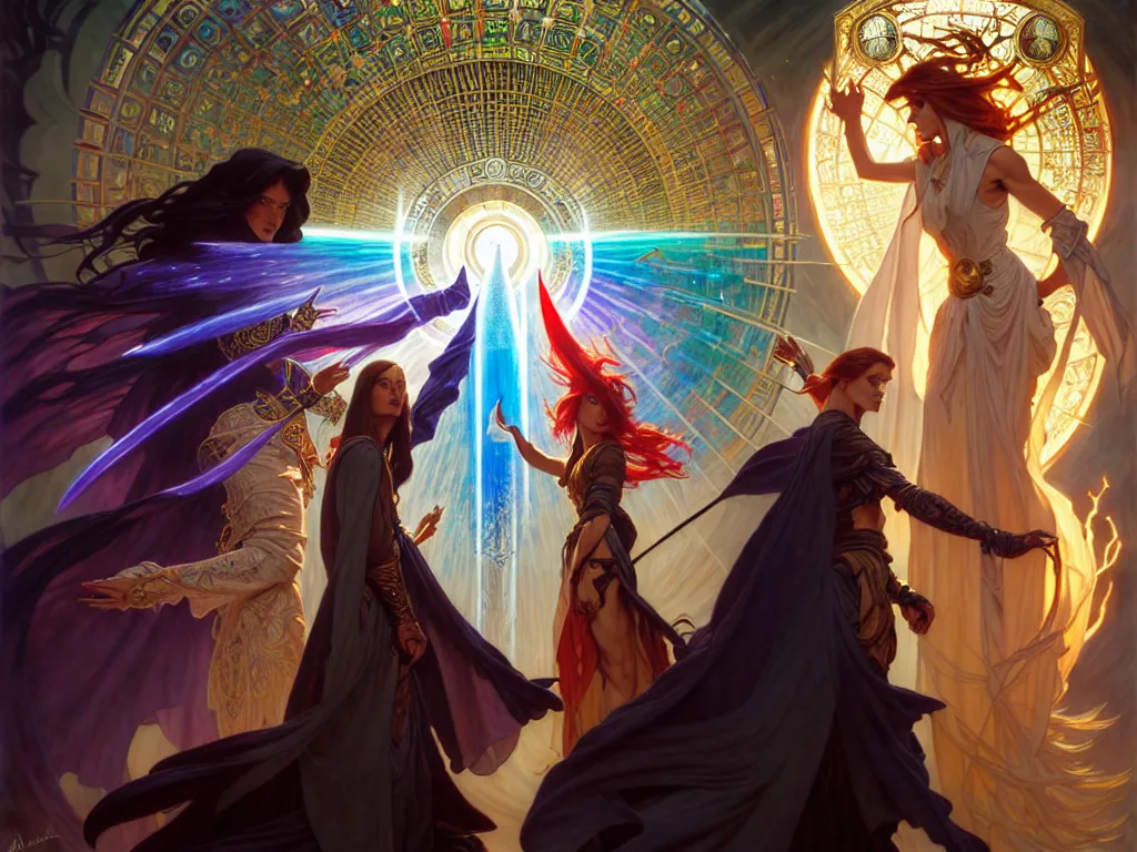 Image similar to painting of powerful stylish sorcerer and a cleric banishing the darkness and its abominations with a rainbow spell, ultra realistic, concept art, intricate details, eerie, highly detailed, photorealistic, octane render, 8 k, unreal engine. art by artgerm and greg rutkowski and magali villeneuve and alphonse mucha