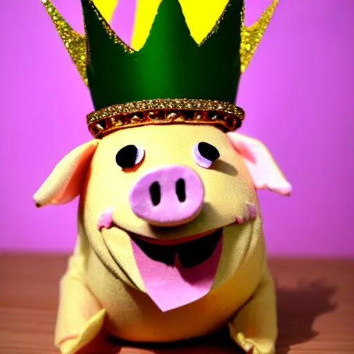 Prompt: happy puppet pig king wearing a crown chilling out