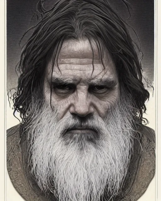 Image similar to portrait of a 6 0 - year - old giant man with long tangles of bushy black hair and beard hiding most of his face, kind eyes, wearing in black cloak, hyper realistic face, beautiful eyes, fantasy art, in the style of greg rutkowski, intricate, alphonse mucha, hyper detailed, smooth