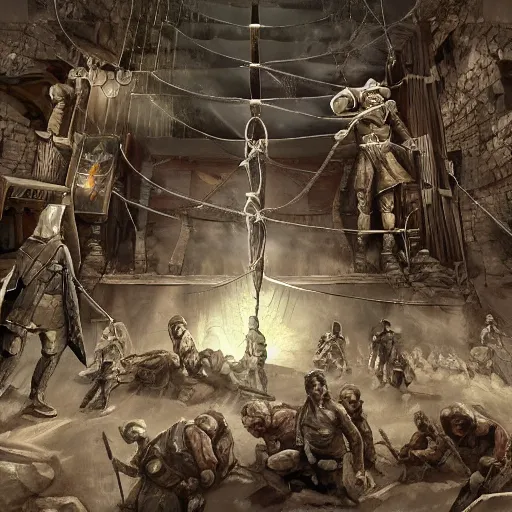 Image similar to Soldiers dressed in ancient times pushed a huge pendulum,digital art,trending on artstation,epic perspective.