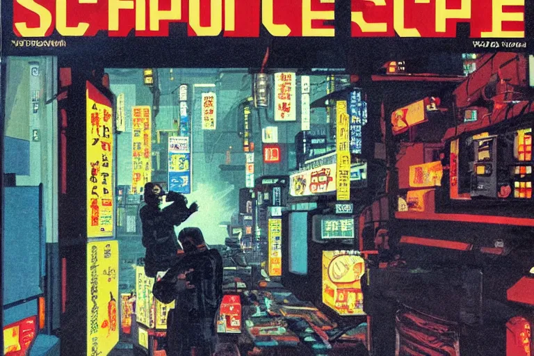 Image similar to 1979 Popular science Magazine Cover of a tv repair shop in neo-Tokyo in cyberpunk soviet style by Vincent Di Fate