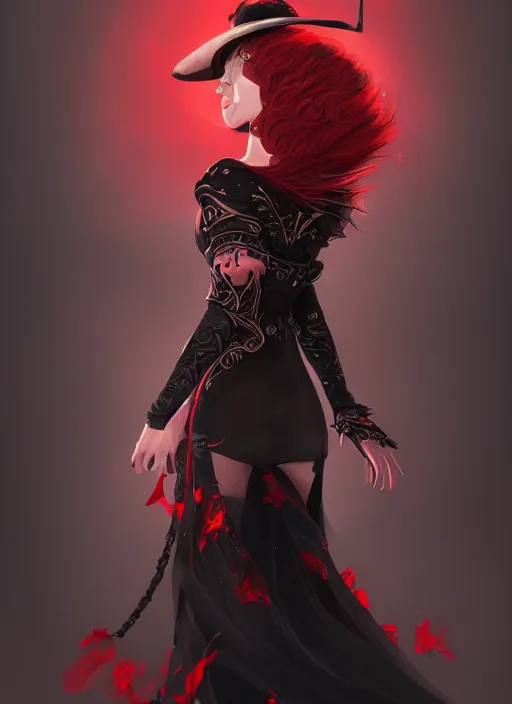 Image similar to a highly detailed illustration of red haired lady wearing black noir dress and black sun hat, dramatic singing pose, intricate, elegant, highly detailed, centered, digital painting, artstation, concept art, smooth, sharp focus, league of legends concept art, wlop.