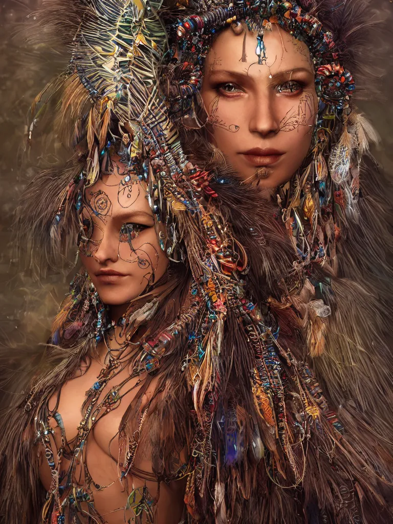 Prompt: a photo of a mystical tribal shaman adorned with feathers and gemstones and cables and synthesizer parts is surrounded by sacred geometry made from elven architecture, full body, gorgeous, perfect face, powerful, cinematic, beautifully lit, by artgerm, by karol bak, 3 d, trending on artstation, octane render, 8 k