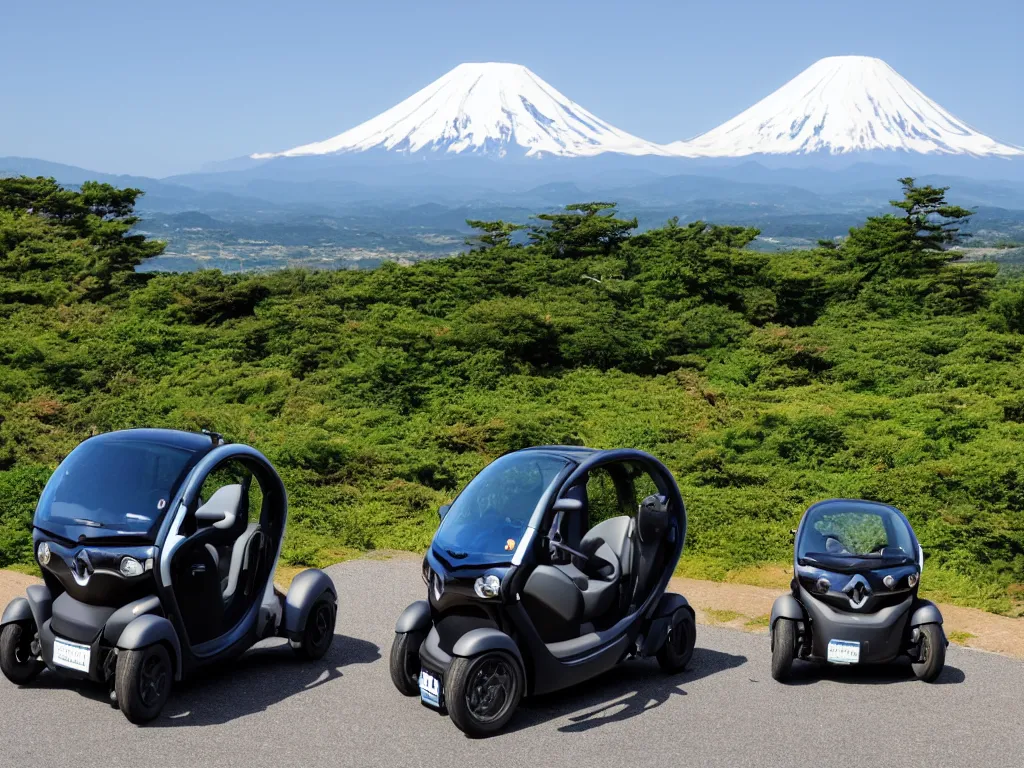 Image similar to Renault Twizy parked at a scenic viewpoint with mount Fuji in the background, manga visual