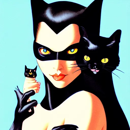 Image similar to portrait of bat woman holding a black cat, confident pose, radiant light, art by peter lloyd 1 9 8 0, airbrush style, art by hajime sorayama,, intricate, elegant, sharp focus, illustration, highly detailed, concept art, matte, sharp focus, illustration, highly detailed, concept art, h 6 4 0