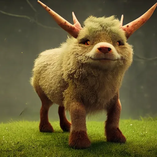 Image similar to ultrarealistic very cute creature fluffy animal with horns and short legs and arms, forest scene, macrophotography, octane render, highly detailed, cinematic lightning, sunbeams