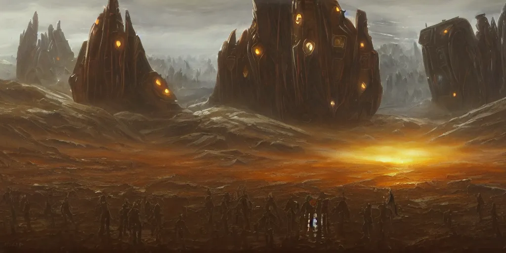 Image similar to an oil painting of the UNSC Pillar of Autumn from Halo