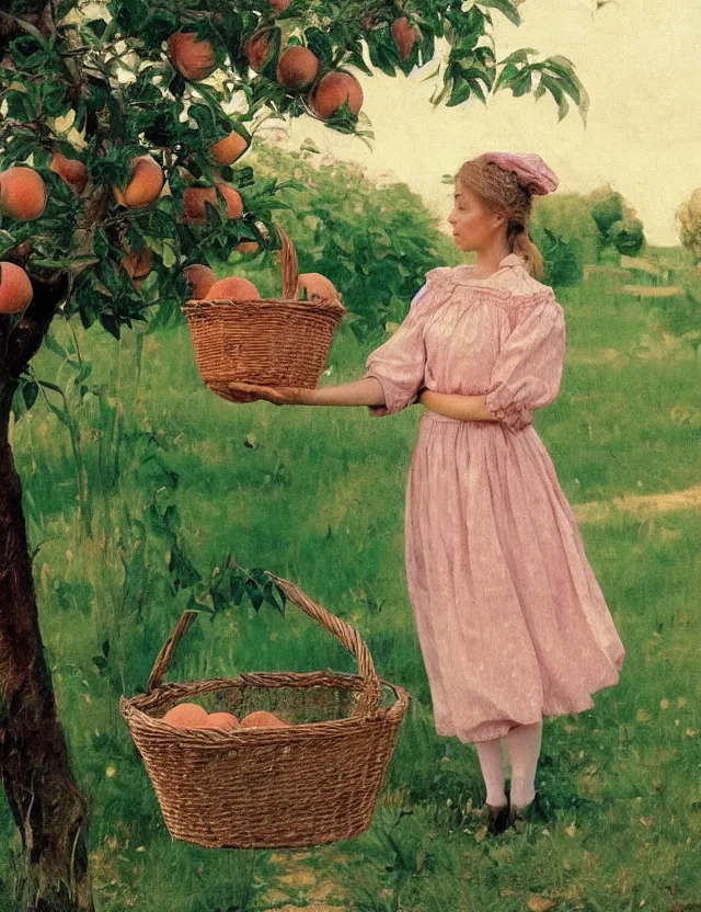 Prompt: peasant girl with basket in her hand picking up peach from a peach tree, background of peach tree, lolita style, Cottage core, Cinematic focus, Polaroid photo, vintage, neutral colors, soft lights, foggy, by Steve Hanks, by Serov Valentin, by Andrei Tarkovsky, by Terrence Malick, 8k render, detailed, oil on canvas